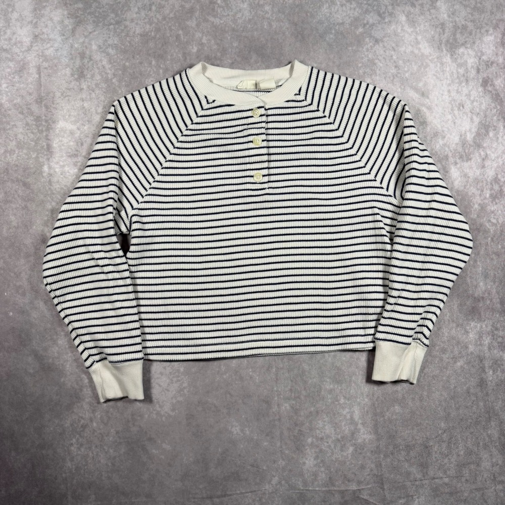 Levis Women Striped Waffle Knit Henley Top White Black Raglan Cropped Small S